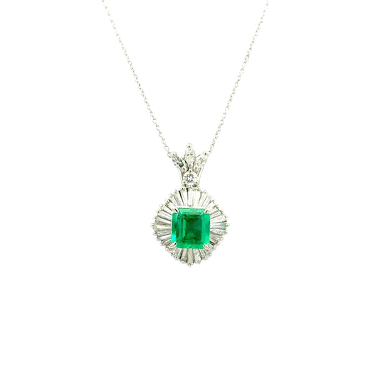 1.45 Carat Emerald Diamond Platinum Halo Pendant Necklace